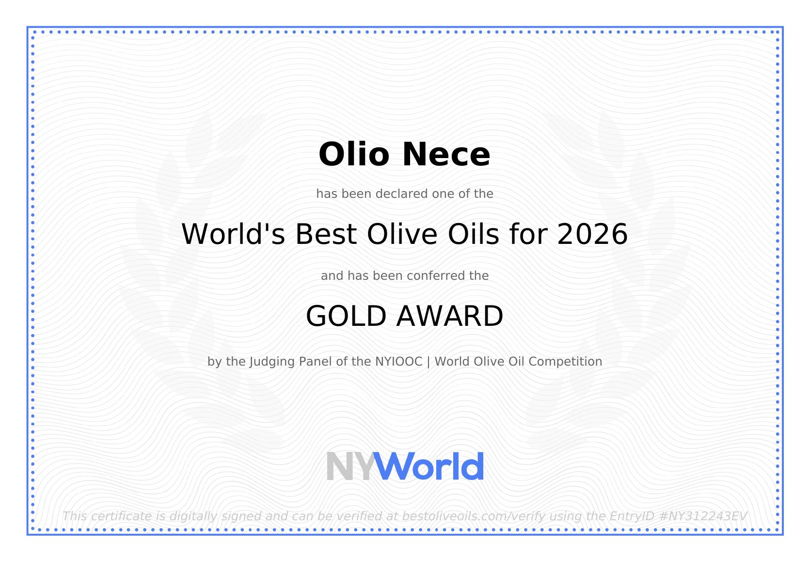 Olio Nece - NYIOOC Gold Award 2026